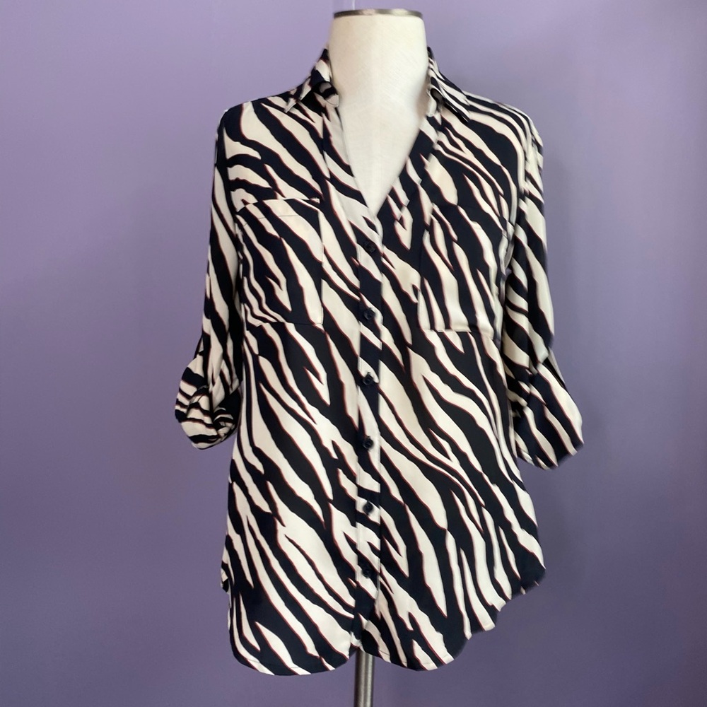 Express Safari Animal Print Beige Black Brown Button Up Long Sleeve Blouse XS